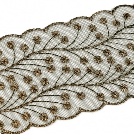Encaje bordado de organza en negro/dorado, 8cm